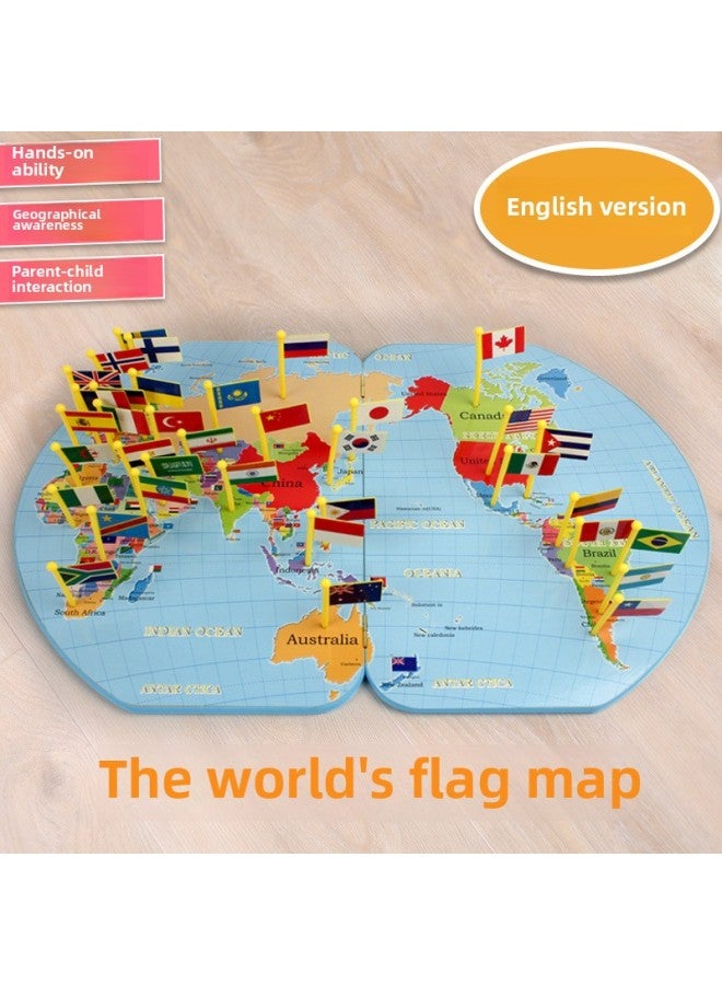World Map Insert National Flag English Version Children's Understanding Wooden Puzzle Intelligence Kindergarten Educational Toys 4-6 Years Old-Color:English Version With Flag Inserted - Image 2
